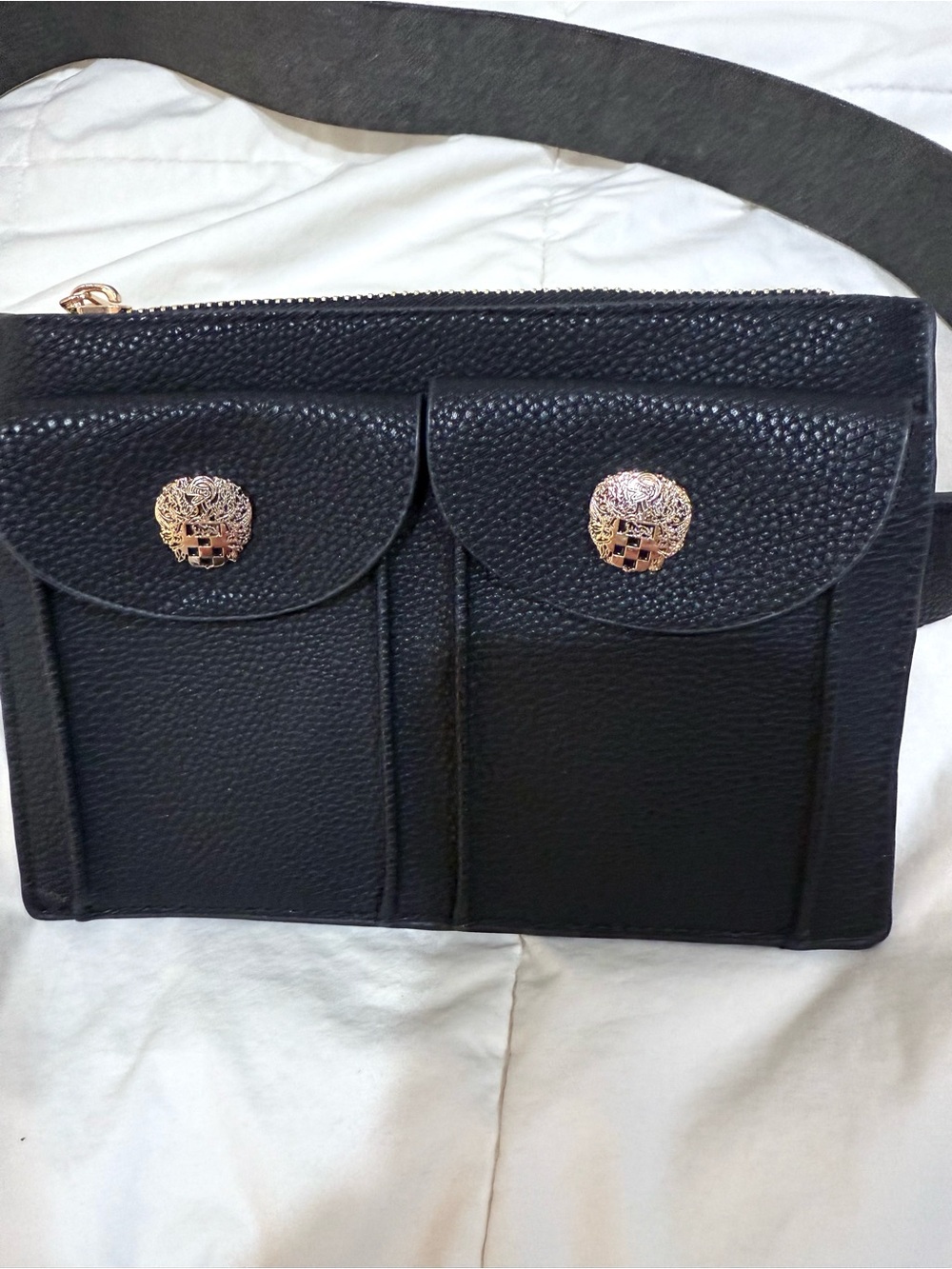 NWT Black Faux Leather Crossbody Belt Bag with Gold Accents